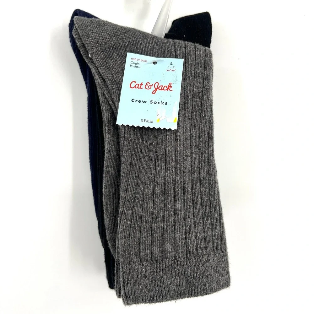 NEW Cat & Jack 3pk uniform crew socks navy grey black classic cotton blend L 3-7